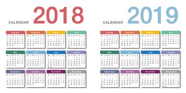 Yıl 2018 ve yıl 2019 takvim vektör tasarım şablonu, temiz ve basit bir tasarım. Kuruluş ve işletme için Takvim 2018 ve beyaz arka plan üzerinde 2019. Hafta başlıyor Pazartesi. Vektör şablonu