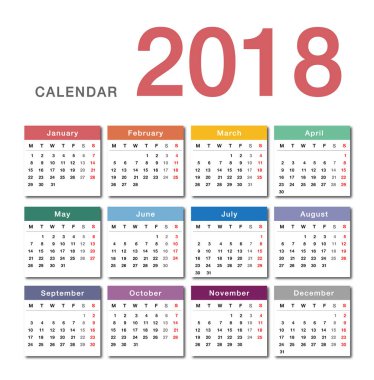 Renkli takvim yılı 2018 vektör tasarım şablonu, temiz ve basit bir tasarım. Kuruluş ve işletme için Takvim için 2018 beyaz arka plan üzerinde. Hafta başlıyor Pazartesi. Basit vektör şablonu. Eps10.