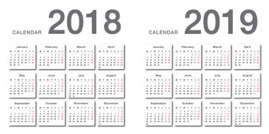Yıl 2018 ve yıl 2019 takvim vektör tasarım şablonu, temiz ve basit bir tasarım. Kuruluş ve işletme için Takvim 2018 ve beyaz arka plan üzerinde 2019. Hafta başlıyor Pazartesi. Vektör şablonu