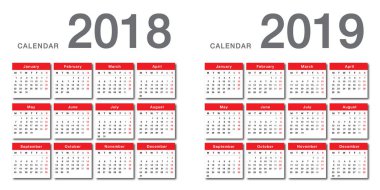 Yıl 2018 ve yıl 2019 takvim vektör tasarım şablonu, temiz ve basit bir tasarım. Kuruluş ve işletme için Takvim 2018 ve beyaz arka plan üzerinde 2019. Hafta başlıyor Pazartesi. Vektör şablonu