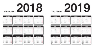 Yıl 2018 ve yıl 2019 takvim vektör tasarım şablonu, temiz ve basit bir tasarım. Kuruluş ve işletme için Takvim 2018 ve beyaz arka plan üzerinde 2019. Hafta başlıyor Pazartesi. Vektör şablonu