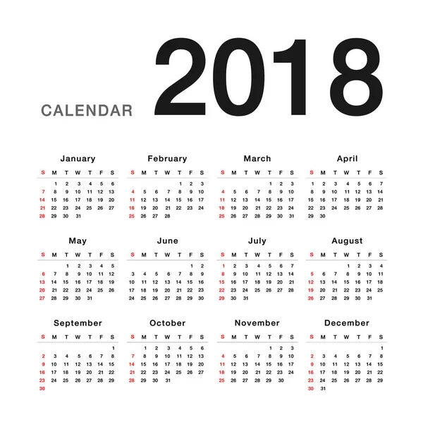 Kalenderjaar 2018 Vector Ontwerpsjabloon Eenvoudige Schone Ontwerp Kalender Voor 2018 — Stockvector