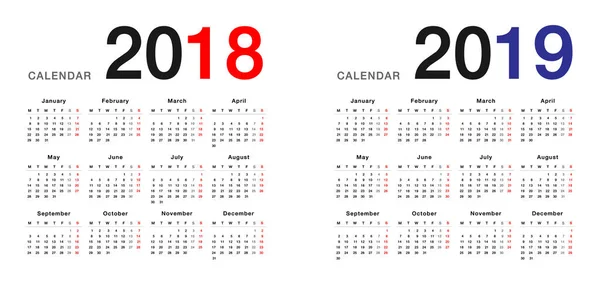 Modello Progettazione Vettoriale Calendario Anno 2018 Anno 2019 Design Semplice — Vettoriale Stock