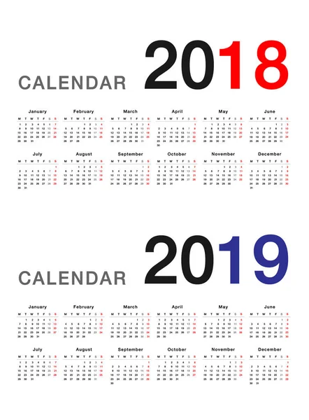 Año 2018 Año 2019 Plantilla Diseño Vectores Calendario Diseño Simple — Vector de stock