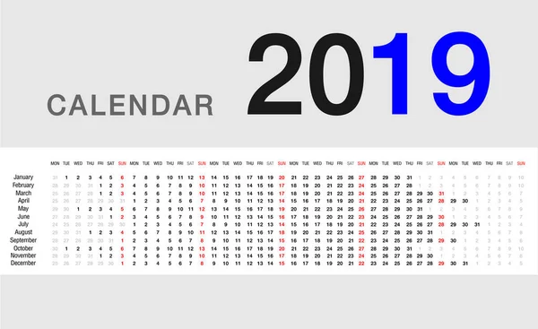 Modèle Design Vectoriel Année Civile 2019 Coloré Design Simple Propre — Image vectorielle