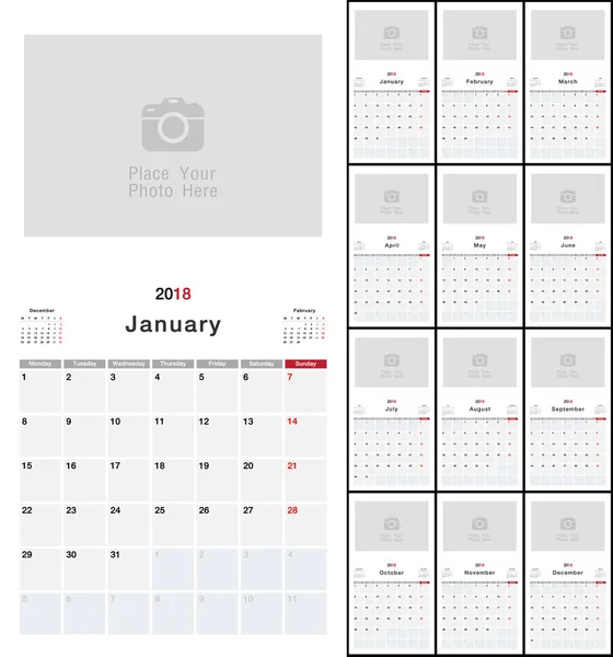 Año Calendario 2018 Plantilla Diseño Vectorial Diseño Simple Limpio Calendario — Vector de stock