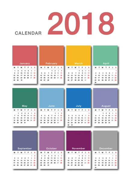 Szablon Projektu Wektor Kolorowy Kalendarz Roku 2018 Prosty Czysty Design — Wektor stockowy