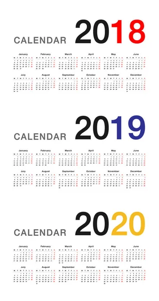 Yıl 2018 Yıl 2019 Yıl 2020 Takvim Vektör Tasarım Şablonu — Stok Vektör