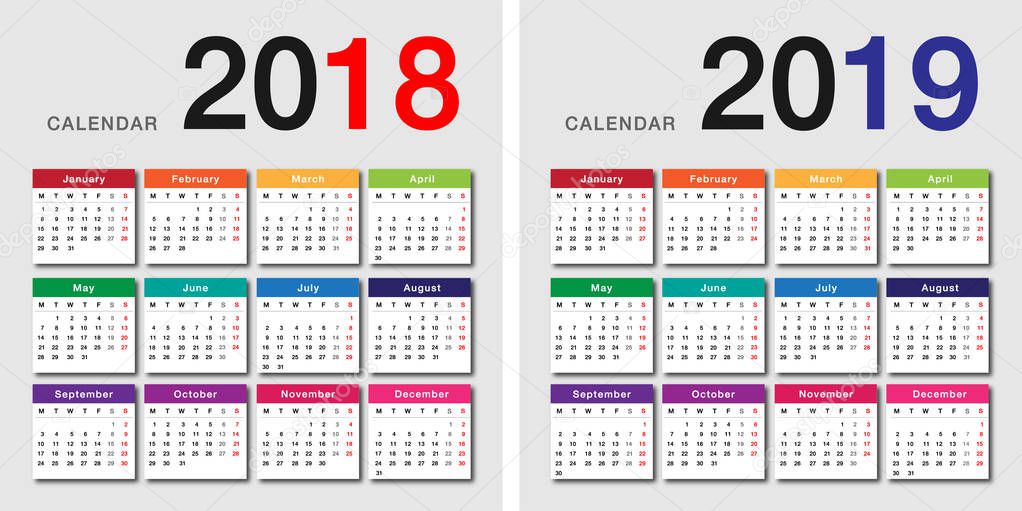 Year 2018 and Year 2019 calendar vector design template, simple and clean design. Calendar for 2018 and 2019 on White Background for organization and business. Week Starts Monday.  Vector Template