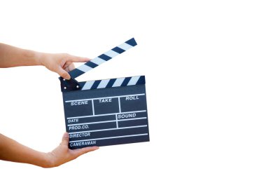 İki film clappers açın ve izole üzerinde beyaz arka plan kapatın. Kayrak kurulu gösterilir. Gerçekçi film Klaket. Clapper kurulu izole kırpma yoluyla dahil. görüntü illüstrasyon ve nesne için