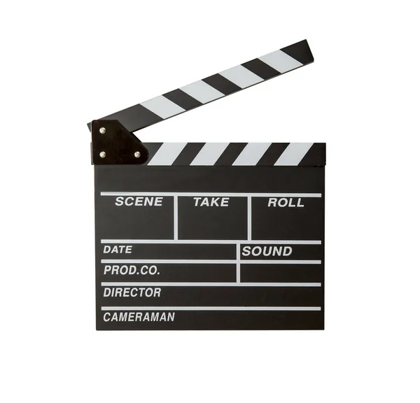 つの映画の拍子木を開いたり閉じたり上孤立した白い背景 スレート板を示します 現実的な映画カチンコ クリッピング パスを含めると分離されたクラッパー ボード オブジェクトおよび図のイメージ — ストック写真