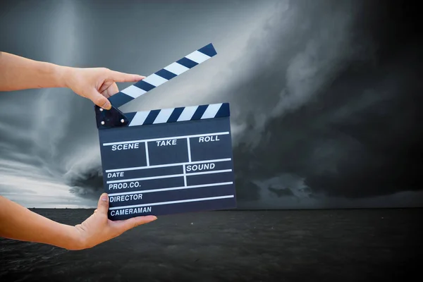 Man Hands Holding Movie Clapper Film Director Concept Camera Show — Fotografia de Stock