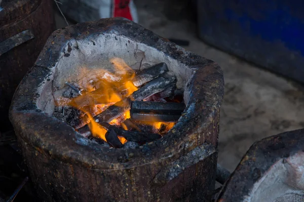 Stove Charcoal Orange Flames Coals Grill Charcoal Stove Burning Brazier — Stock Photo, Image