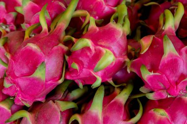 Ejderha meyve arka plan yığını. Yerel çiftçi pazarında satılık tropikal ejderha meyve veya pitaya yığını. diyet kavramı için sağlıklı ve düşük kalorili.