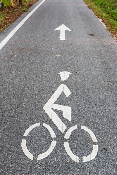 Bicycle road sign and arrow bike lane symbol,bike lane in the garden sightseeing and ride bike in the park. White painted bike on asphalt. Ride ecological green urban transport.