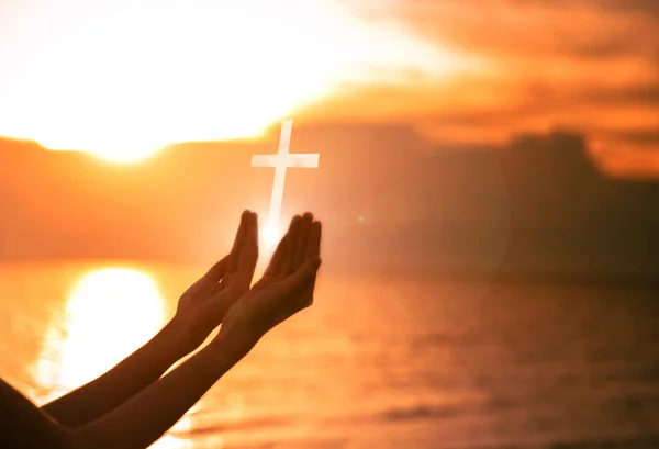 Eucharist Therapy Bless God Helping Repent Catholic Easter Lent Mind Pray. Christian Human hands open palm up worship hope. Jesus hands praying. Human hands open palm. Respect and pray on the sunset.