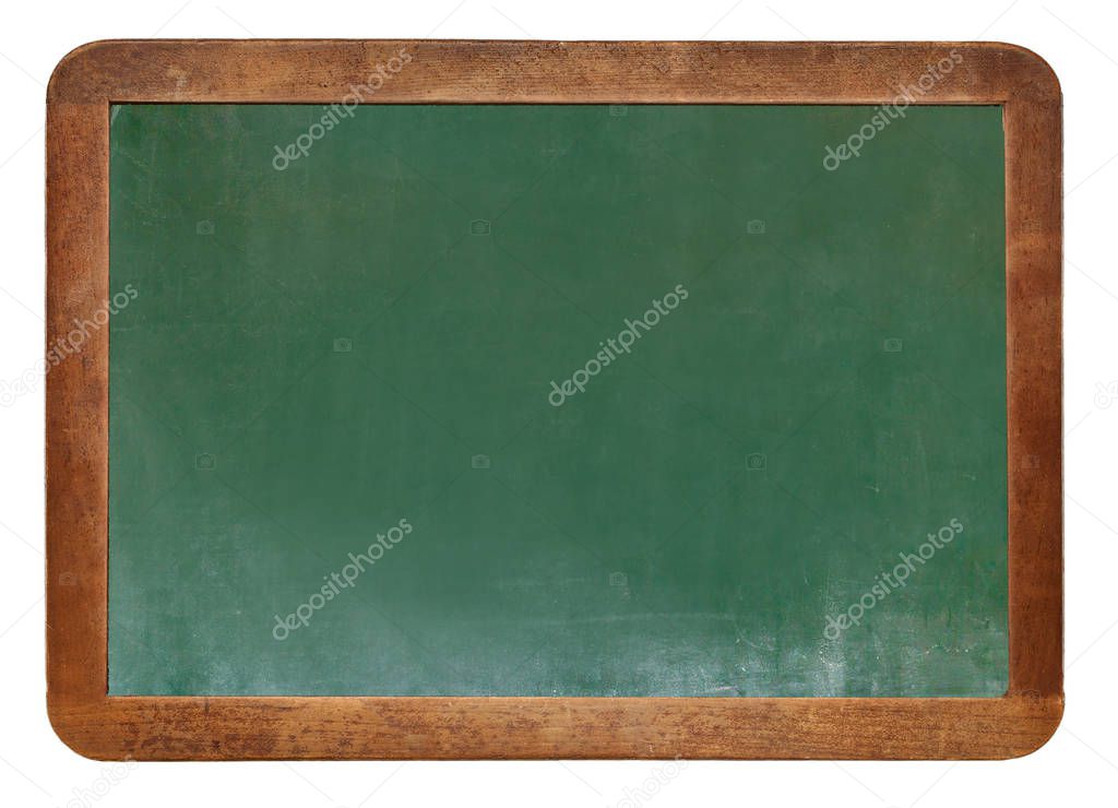 Empty green chalkboard texture hang on the white wall. double frame from greenboard and white background. image for background, wallpaper and copy space. bill board wood frame for add text.