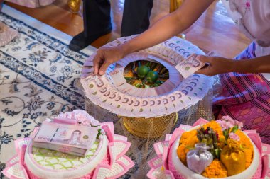 Tayland düğün töreninde düğün fiyatına odaklan, altın kolye, Tayland banknotu ve alyans. Asya Düğün Gelenekleri. arkaplan için resim, boşluk ve nesneleri kopyala.