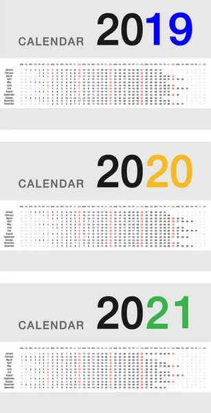 Anno 2019 Anno 2020 Anno 2021 Calendario Modello Progettazione Vettoriale — Vettoriale Stock
