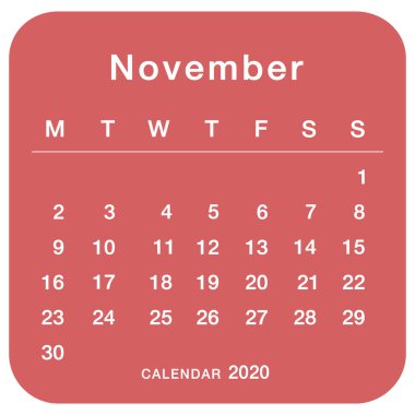 Kasım 2020 planlama takvimi . Basit Kasım 2020 takvimi. Hafta pazartesiden başlıyor. Kasım ayı takvim şablonu 