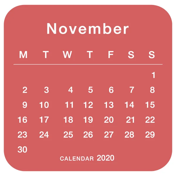 Listopad 2020 Kalendarz Planowania Prosty Listopad 2020 Kalendarz Tydzień Zaczyna — Wektor stockowy
