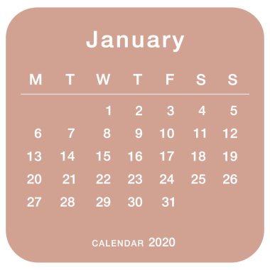 Ocak 2020 planlama takvimi . Basit Ocak 2020 takvimi. Hafta pazartesiden başlıyor. Ocak ayı için takvim şablonu  