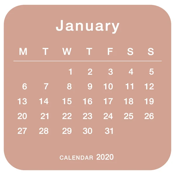 Styczeń 2020 Kalendarz Planowania Prosty Styczeń 2020 Kalendarz Tydzień Zaczyna — Wektor stockowy
