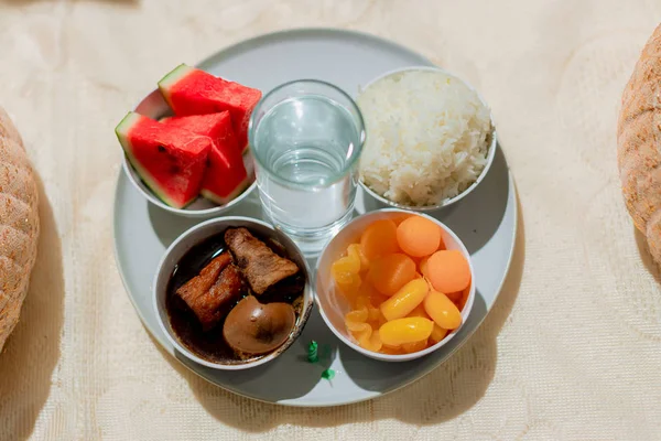 Delicious thai food set served on bamboo plate. lunch and or dinner set of culture thai food. present for traveler and tourist.