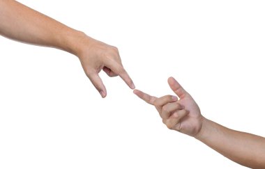 Dokunmak parmağı. Farklı yaşlarda iki el yavaşça işaret parmakları ile dokunmadan. dokunmak üzere olan parmaklarına uzanan iki el.