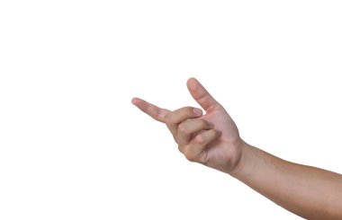 Beyaz arka planda el. Genç adam beyaz arka plan üzerinde el uzattı. 