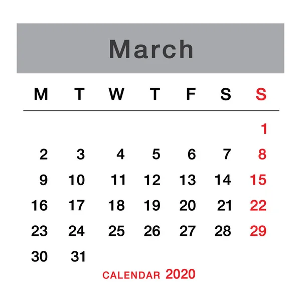 Marzec 2020 Kalendarz Planowania Prosty Marzec 2020 Kalendarz Tydzień Zaczyna — Wektor stockowy