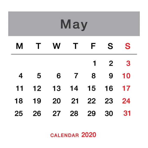 Май 2020 Календарь Планирования Простой Календарь Мая 2020 Года Понедельника — стоковый вектор