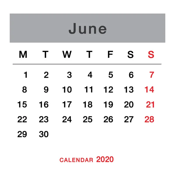 Календарь Планирования Июнь 2020 Простой Календарь Июня 2020 Года Понедельника — стоковый вектор