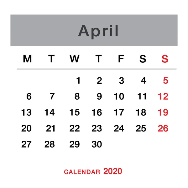Kwiecień 2020 Kalendarz Planowania Prosty Kwiecień 2020 Kalendarz Tydzień Zaczyna — Wektor stockowy