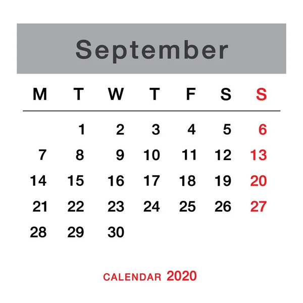 Calendario Planificación Septiembre 2020 Simple Calendario Septiembre 2020 Semana Comienza — Vector de stock