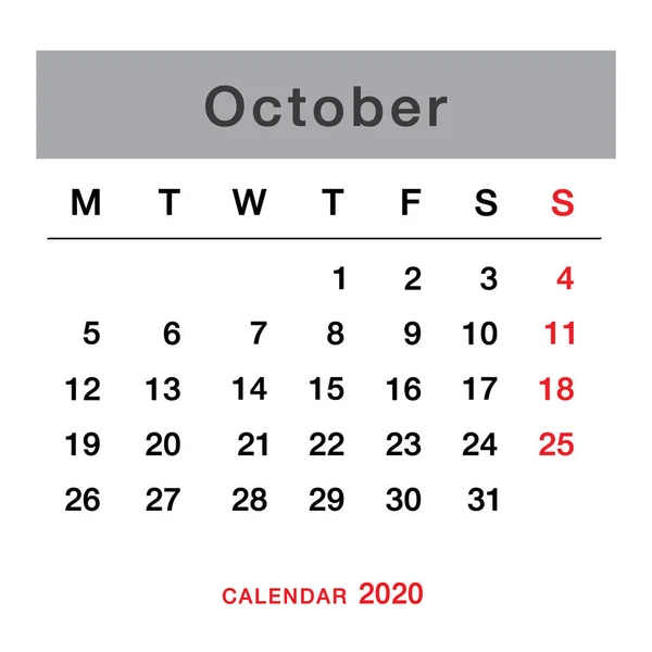 October 2020 Planning Calendar Simple October 2020 Calendar Week Starts — Stock Vector