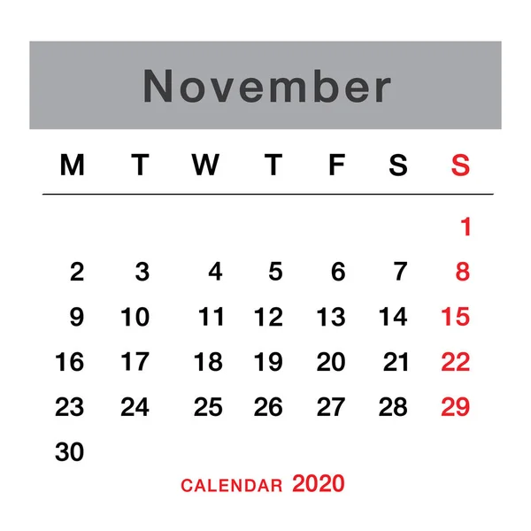 Календарь Планирования Ноябрь 2020 Простой Календарь Ноября 2020 Года Понедельника — стоковый вектор