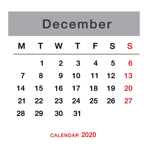 Grudzień 2020 Kalendarz Planowania Prosty Grudzień 2020 Kalendarz Tydzień Zaczyna — Wektor stockowy
