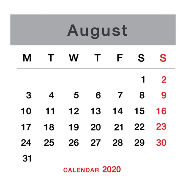 Sierpień 2020 Kalendarz Planowania Prosty Sierpień 2020 Kalendarz Tydzień Zaczyna — Wektor stockowy