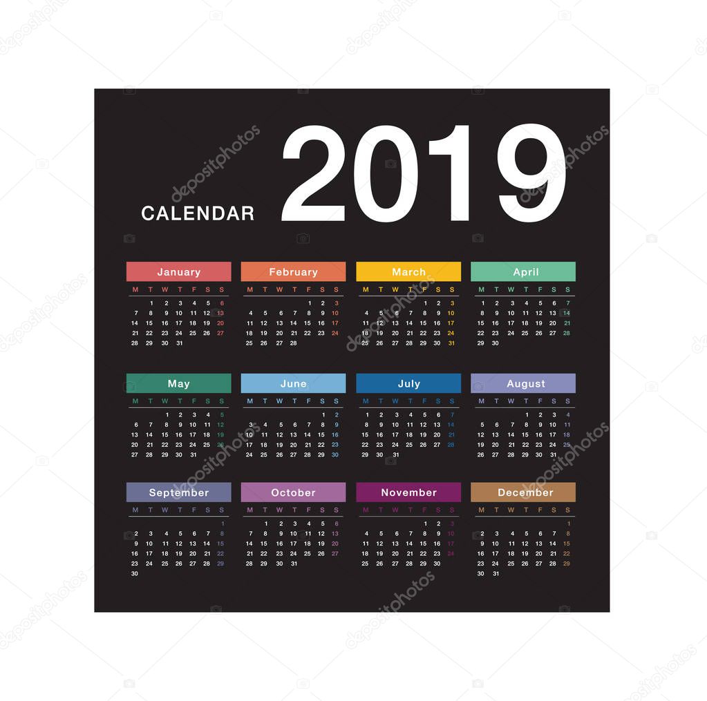 Calendar year 2019 vector design template, simple and clean design. Calendar for 2019 on Black Background