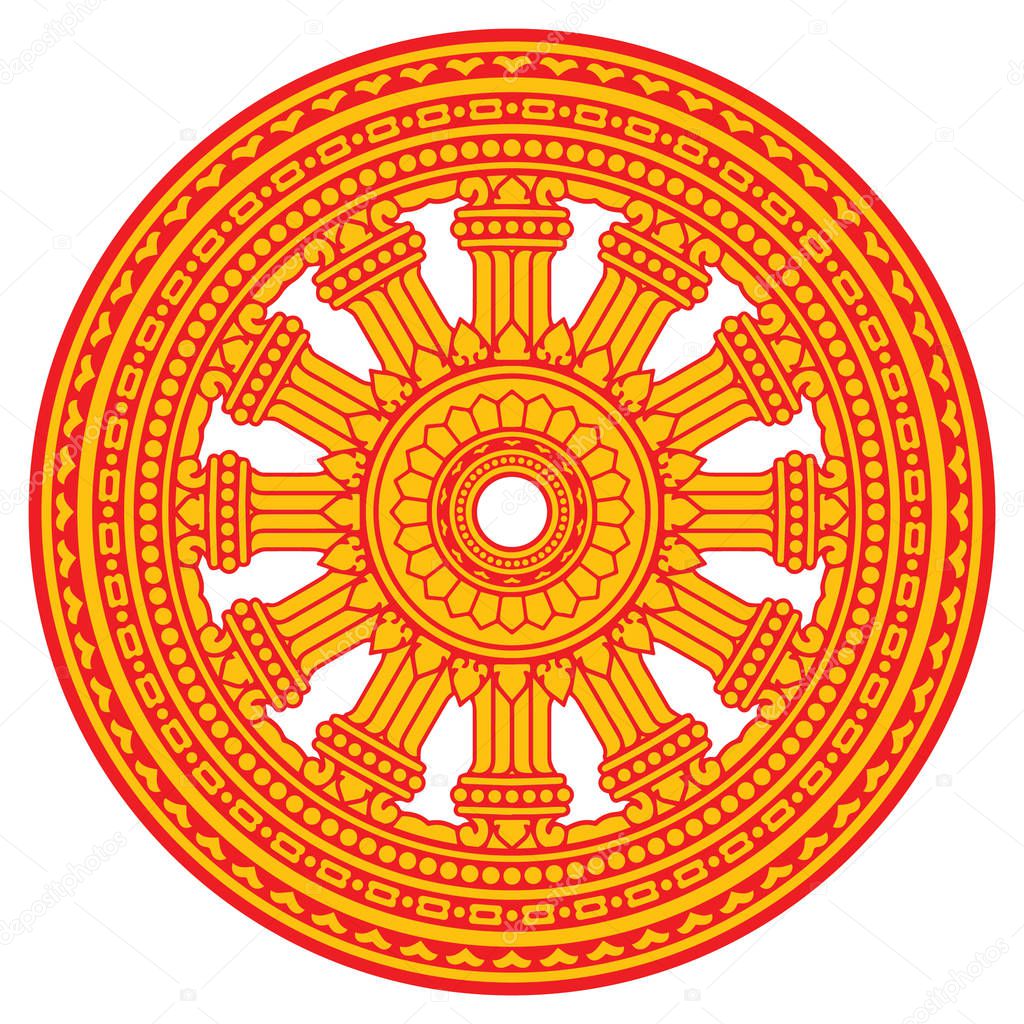 Symbol of Buddha teachings on the path to enlightenment. Dharma Wheel, Dharmachakra. Flag of Buddha