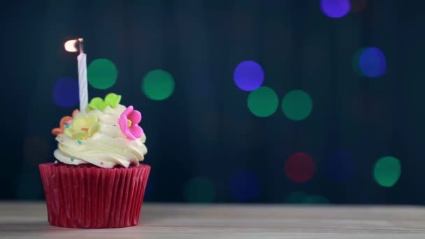 杯蛋糕和快乐的生日文字在屏幕背景 生日纸杯蛋糕 只有一个蓝色的烛台 蛋糕配上黄色的奶油和鲜花 以换取爱情 — 图库视频影像