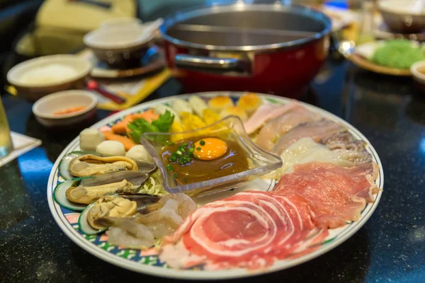 Sukiyaki Japans Eten Shabu Shabu Sukiyaki Vers Rundvlees Plakjes Varkensvlees — Stockfoto