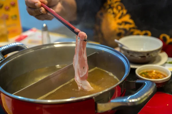 Carne Verdura Olla Sukiyaki Hervida Vapor Elija Alimentos Hervidos Para — Foto de Stock