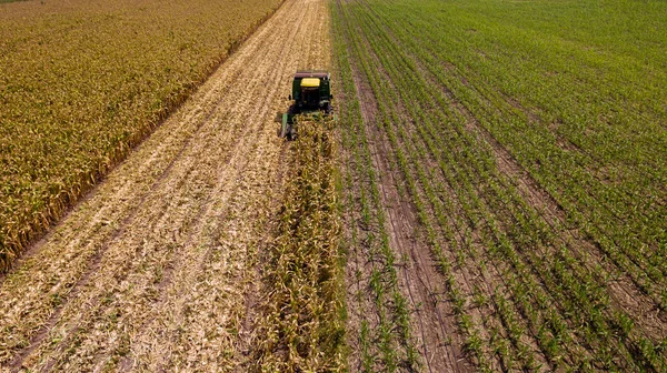 空中ビューコンバイン収穫機はトウモロコシ畑で働いています 収穫フィールドスカイライン空中 大規模な小麦畑での作業の組み合わせの空中ビュー 提出された甘いコーンとロードされた組み合わせ — ストック写真