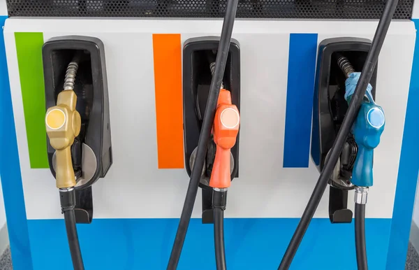 Fuel Pump Gas Station Gasoline Colorful Petrol Pump Filling Nozzles — Stock Photo, Image