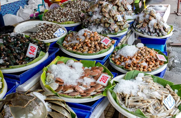 Showcase of seafood in the sea market. Vendors Stalls and Seafood Being Sold at fresh market.