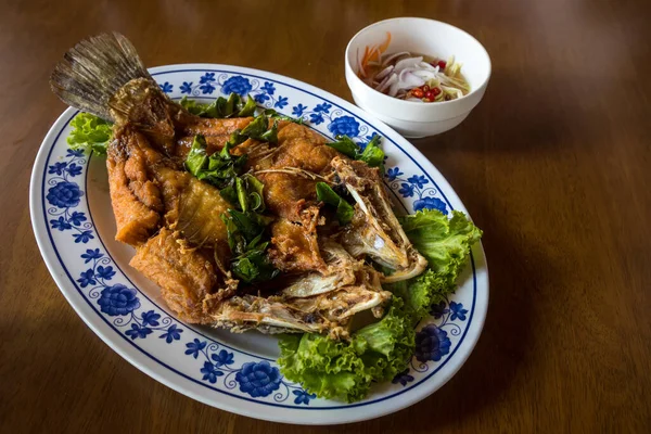 Fried Sea Bass Fish White Plate Spicy Sweet Sauce Thai — Stock Photo, Image