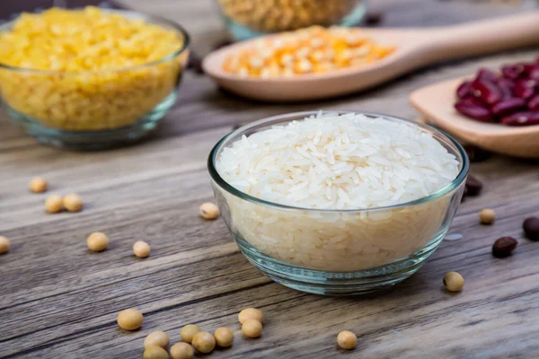 Arroz Blanco Arroz Jazmín Tailandés Tazón Sobre Fondo Madera Grano — Foto de Stock