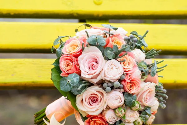 Bride and groom in bright clothes on the bench — Stock Photo, Image